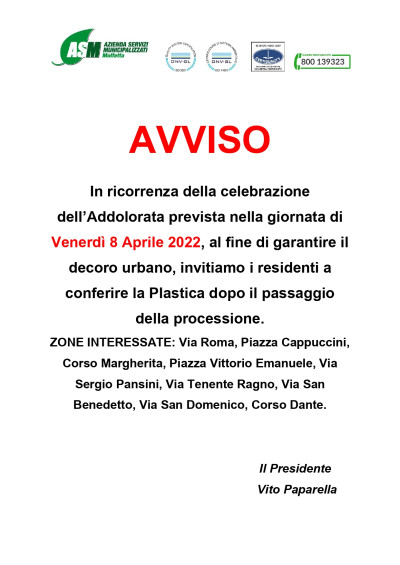 Porta a porta - Avviso relativo al conferimento plastica nella giornata di ve...