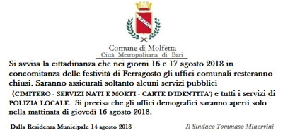 Avviso chiusura uffici 2 giorni dopo ferragosto 2018