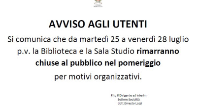 Chiusura pomeridiana biblioteca. Avviso agli utenti