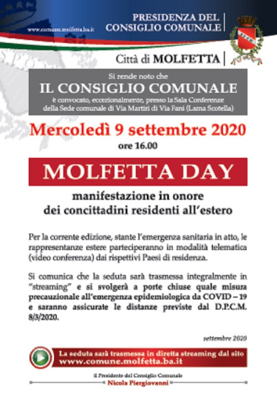 Molfetta Day. Guarda la diretta streaming del Consiglio Comunale, del 9 sette...