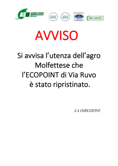 Comunicazione Asm. Ripristinato l'ecopoint di Via Ruvo