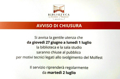 Sala studio e biblioteca chiuse da giovedì  27 giugno a lunedì ...