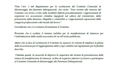 Comitato comunale di monitoraggio dei fenomeni delinquenziali. Avviso riapert...