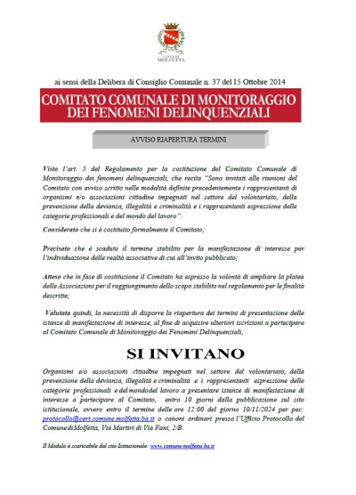 Comitato comunale di monitoraggio dei fenomeni delinquenziali. Avviso riapert...